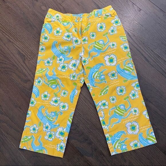 LILLY PULITZER Girls Beach Monkey Tropical Yellow Blue Green Floral Print Crops - Picture 1 of 5